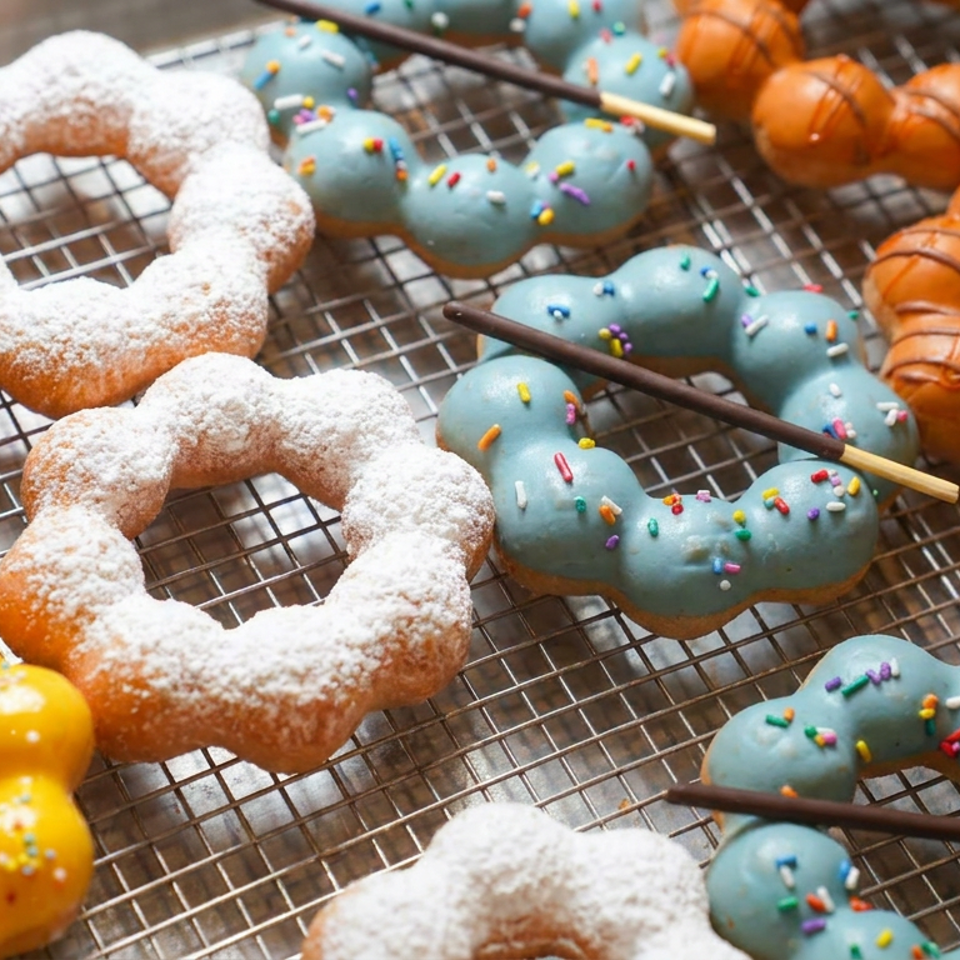 Colorful ring-shaped pastries on a cooling rack, coated with powdered sugar, icing, sprinkles, chocolate drizzle, and cinnamon.