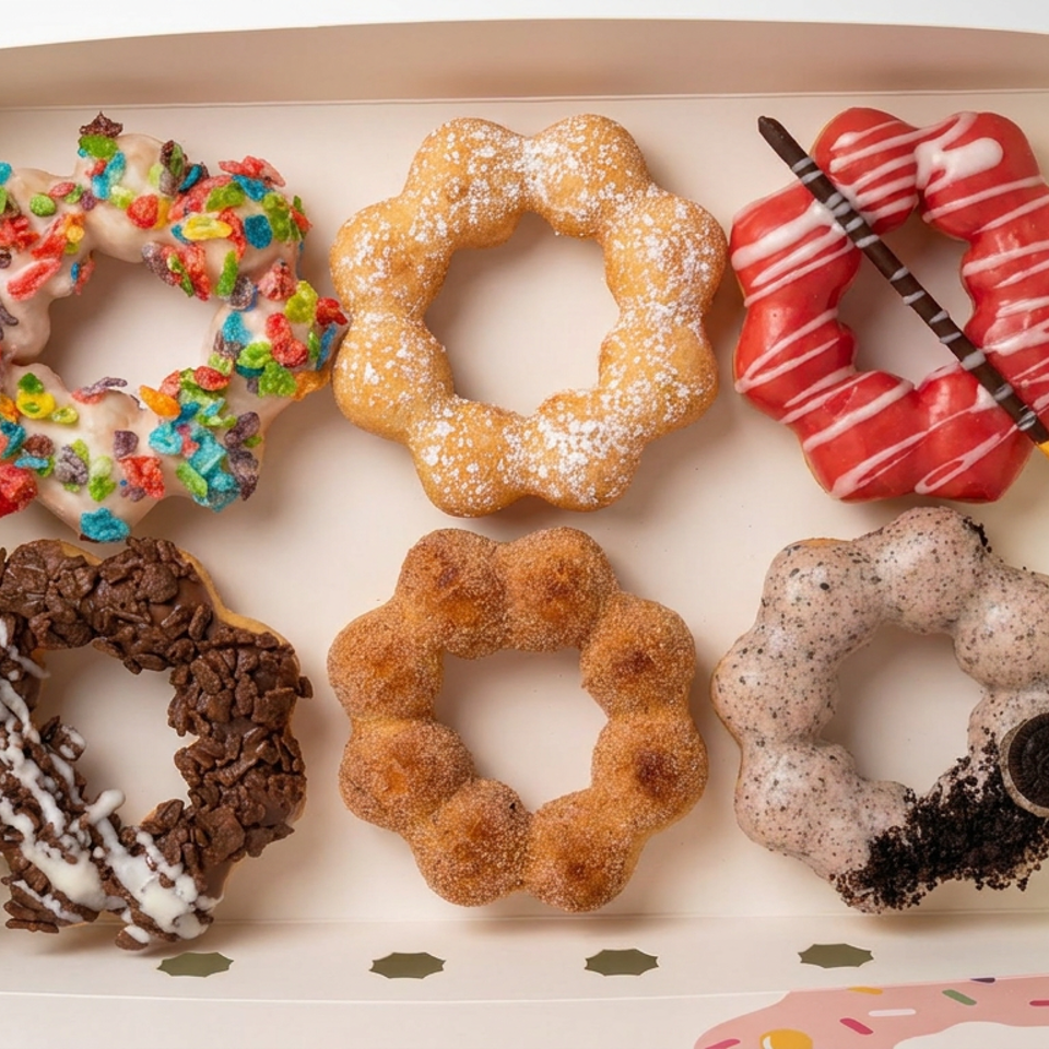 Box of six decorated ring doughnuts, including colorful cereal, powdered sugar, chocolate, red-striped, cinnamon, and cookie-topped varieties.
