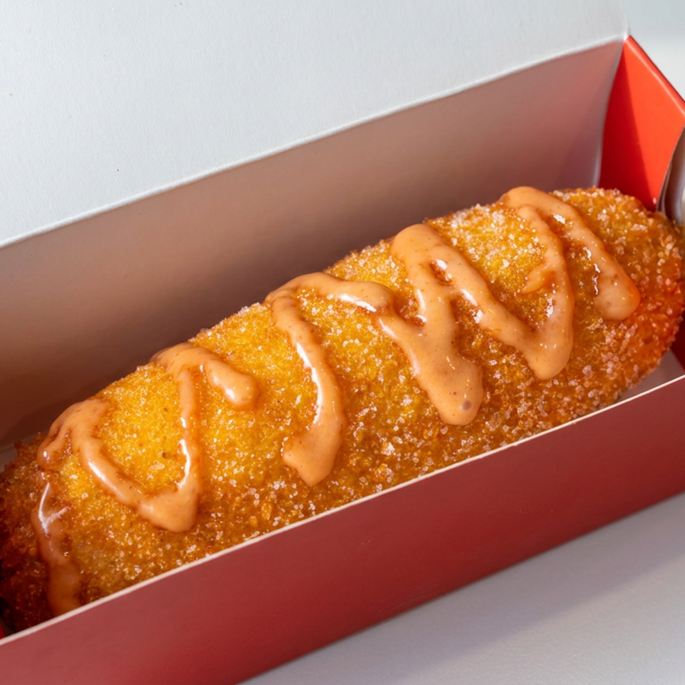 Breaded corn dog on a wooden stick, drizzled with creamy sauce and served in a red cardboard tray.