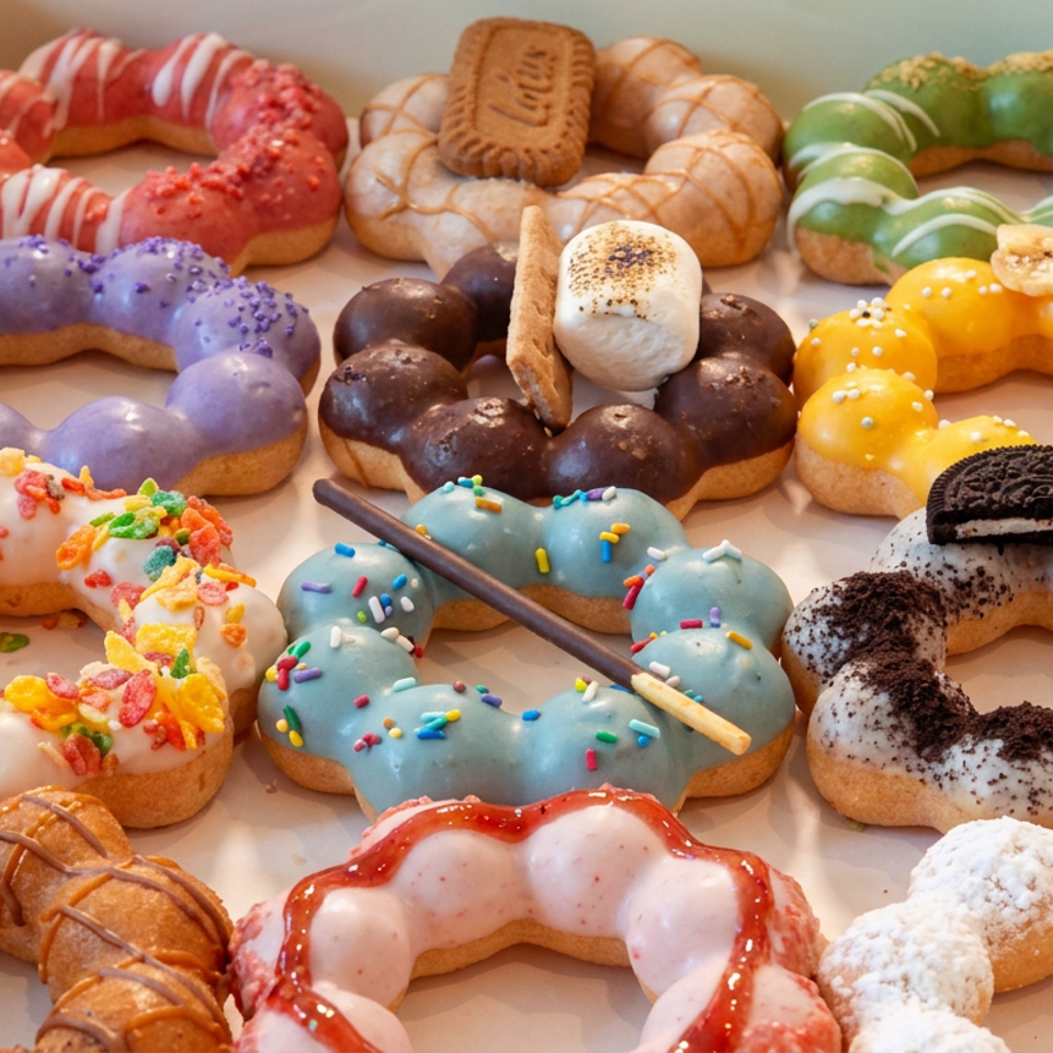 Box of assorted colorful ring donuts decorated with icing, sprinkles, cookies, fruit, marshmallows, and powdered sugar.