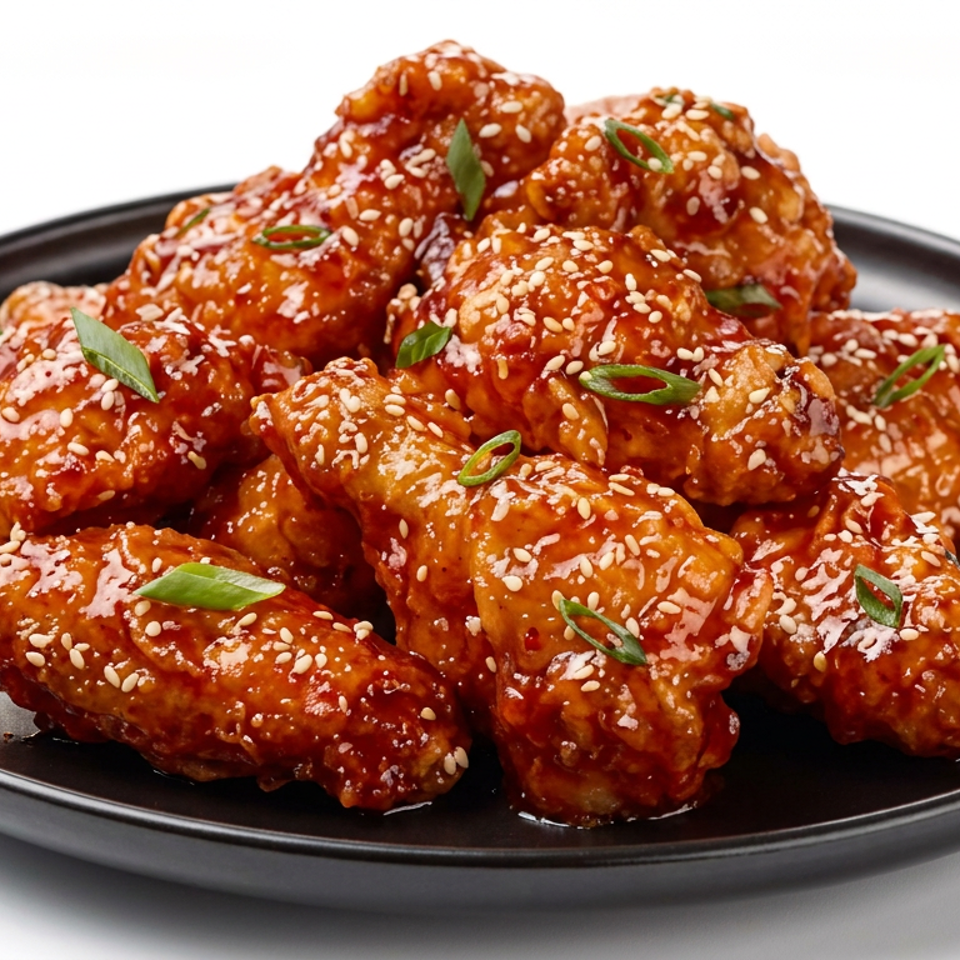 Glazed chicken wings topped with sesame seeds and sliced scallions on a black plate.